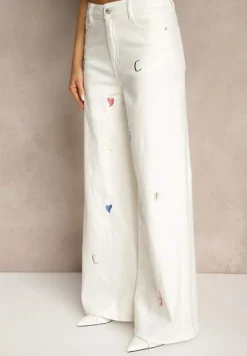 Białe Jeansy z Bawełny o Szerokim Kroju High Waist z Haftami Florsedi