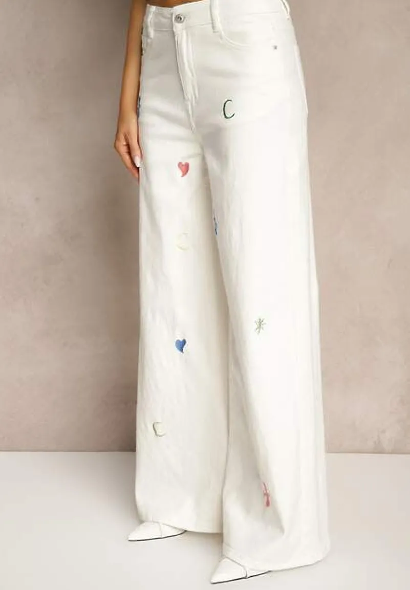 Białe Jeansy z Bawełny o Szerokim Kroju High Waist z Haftami Florsedi