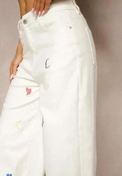 Białe Jeansy z Bawełny o Szerokim Kroju High Waist z Haftami Florsedi