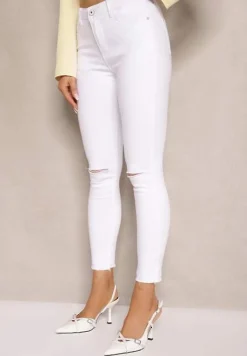 Białe Jeansy z Bawełny Typu Skinny High Waist Ozdobione Dziurami na Kolanach Noviressa