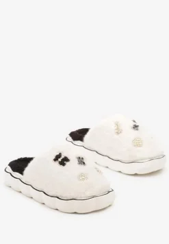 Białe Kapcie na Płaskiej Podeszwie z Metalicznymi Ozdobami Emmilaine