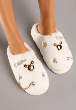 Białe Kapcie na Płaskiej Podeszwie z Futerkiem Ozdobione Łańcuszkiem i Cyrkoniami Reanivia