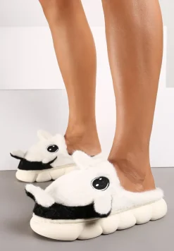Białe Kapcie na Piankowej Podeszwie Ozdobione Zwierzęcym Motywem Relabira