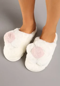 Białe Kapcie z Futerkiem i Ozdobną Kwiatową Aplikacją Neallith