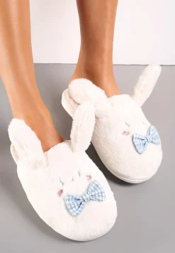 Białe Kapcie ze Sztucznego Futerka i Króliczymi Uszami i Kokardą Temiha
