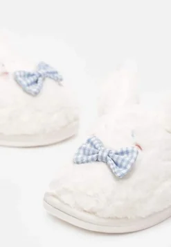 Białe Kapcie ze Sztucznego Futerka i Króliczymi Uszami i Kokardą Temiha