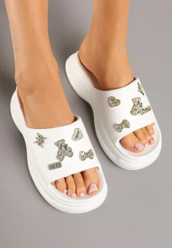 Białe Klapki na Grubej Podeszwie z Cyrkoniami Islia