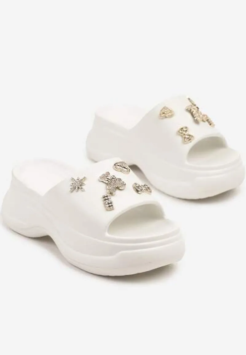 Białe Klapki na Grubej Podeszwie z Cyrkoniami Islia