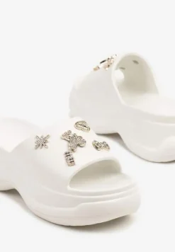 Białe Klapki na Grubej Podeszwie z Cyrkoniami Islia