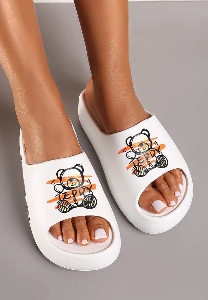Białe Klapki na Platformie z Pianki z Nadrukiem Misia Nelorea