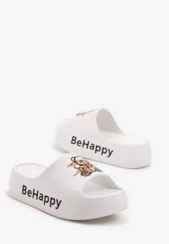 Białe Klapki na Platformie z Pianki z Nadrukiem Misia Nelorea
