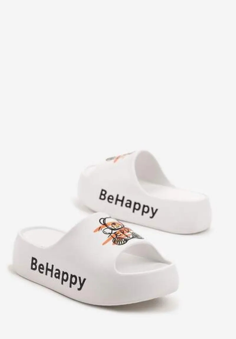 Białe Klapki na Platformie z Pianki z Nadrukiem Misia Nelorea