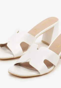 Białe Klapki Vices na Słupkowym Obcasie z Wkładką ze Skóry Naturalnej Foleria