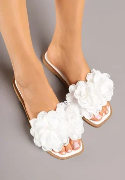 Białe Klapki z Kwiatami 3D Fevionne