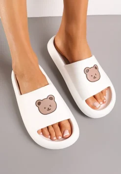 Białe Klapki z Lekkiej Pianki Ozdobione Printem z Misiem Nadema