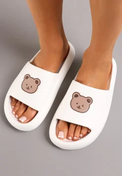 Białe Klapki z Lekkiej Pianki Ozdobione Printem z Misiem Nadema