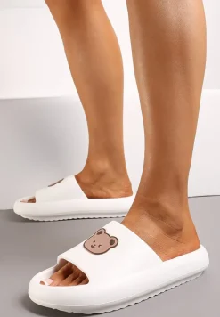 Białe Klapki z Lekkiej Pianki Ozdobione Printem z Misiem Nadema