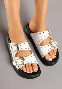 Białe Klapki z Nitami i Klamrami Ravisi