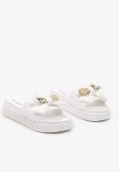 Białe Klapki z Pianki na Platformie z Metalicznym Wykończeniem i Kokardą Nellantha