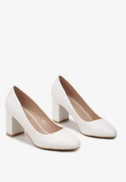 Białe Klasyczne Czółenka na Słupku z Okrągłym Noskiem Bleana