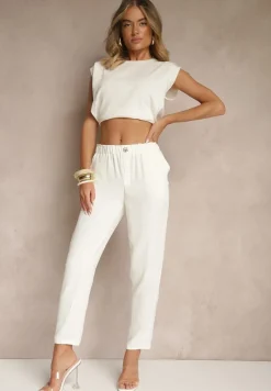 Białe Klasyczne Spodnie Regular Waist z Gumką w Pasie Tilomira