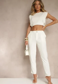 Białe Klasyczne Spodnie Regular Waist z Gumką w Pasie Tilomira