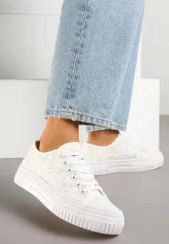 Białe Klasyczne Trampki z Cholewką z Haftem Meppane