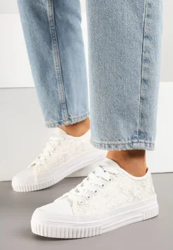 Białe Klasyczne Trampki z Cholewką z Haftem Meppane