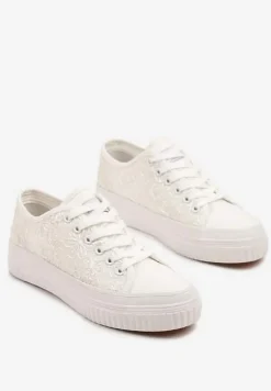 Białe Klasyczne Trampki z Cholewką z Haftem Meppane