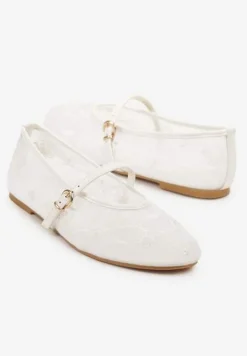 Białe Koronkowe Balerinki w Stylu Mary Jane z Haftowanej Siateczki Tilaverra