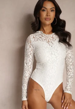 Białe Koronkowe Body z Długim Rękawem Evalarae