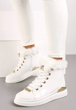 Białe Lakierowane Botki z Futerkiem Panlie