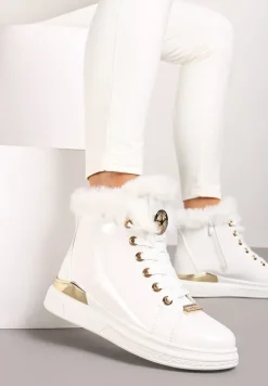 Białe Lakierowane Botki z Futerkiem Panlie