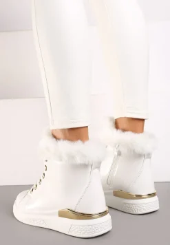 Białe Lakierowane Botki z Futerkiem Panlie