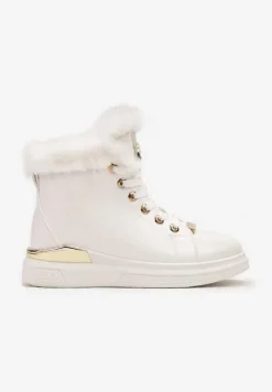 Białe Lakierowane Botki z Futerkiem Panlie