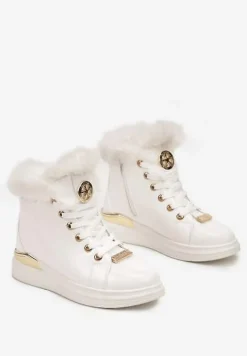 Białe Lakierowane Botki z Futerkiem Panlie