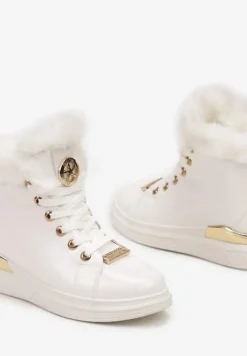 Białe Lakierowane Botki z Futerkiem Panlie