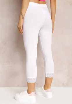 Białe Legginsy z Gumką w Pasie i Koronkowymi Wstawkami Harine