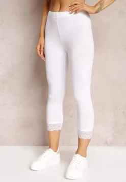 Białe Legginsy z Gumką w Pasie i Koronkowymi Wstawkami Harine