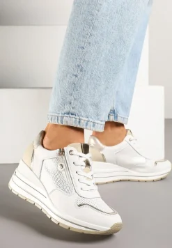 Białe Metaliczne Sneakersy ze Skóry Naturalnej na Koturnie z Ozdobnym Suwakiem Tarivone