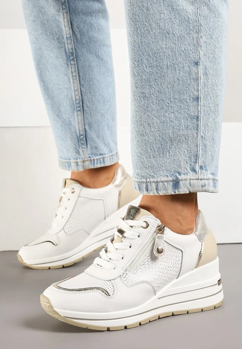 Białe Metaliczne Sneakersy ze Skóry Naturalnej na Koturnie z Ozdobnym Suwakiem Tarivone