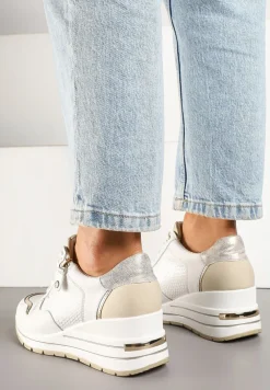 Białe Metaliczne Sneakersy ze Skóry Naturalnej na Koturnie z Ozdobnym Suwakiem Tarivone