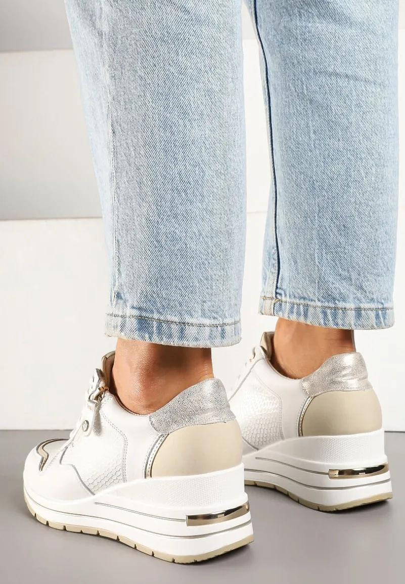 Białe Metaliczne Sneakersy ze Skóry Naturalnej na Koturnie z Ozdobnym Suwakiem Tarivone