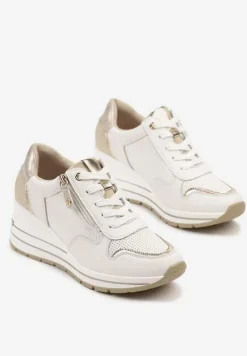 Białe Metaliczne Sneakersy ze Skóry Naturalnej na Koturnie z Ozdobnym Suwakiem Tarivone