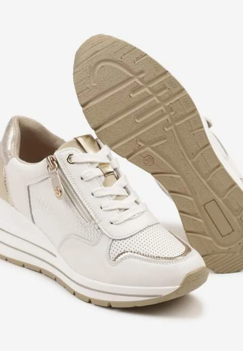 Białe Metaliczne Sneakersy ze Skóry Naturalnej na Koturnie z Ozdobnym Suwakiem Tarivone