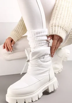 Białe Śniegowce na Niskiej Platformie z Ozdobnym Pikowaniem i Ściągaczem Raballa