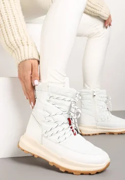 Białe Śniegowce na Niskiej Platformie z Ozdobnie Sznurowaną Cholewką Zinneitha