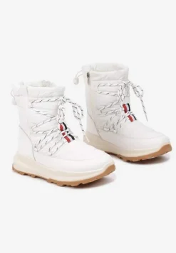 Białe Śniegowce na Niskiej Platformie z Ozdobnie Sznurowaną Cholewką Zinneitha