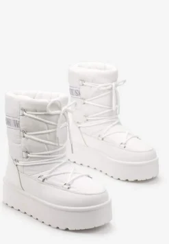 Białe Śniegowce na Platformie z Ozdobnym Wiązaniem Zingie