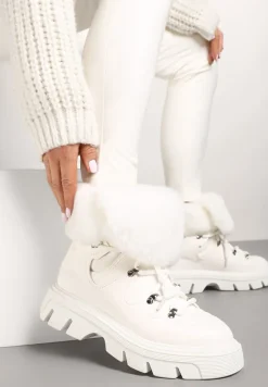 Białe Śniegowce na Platformie z Tłoczeniem Futerkiem i Sznurowaniem Torista
